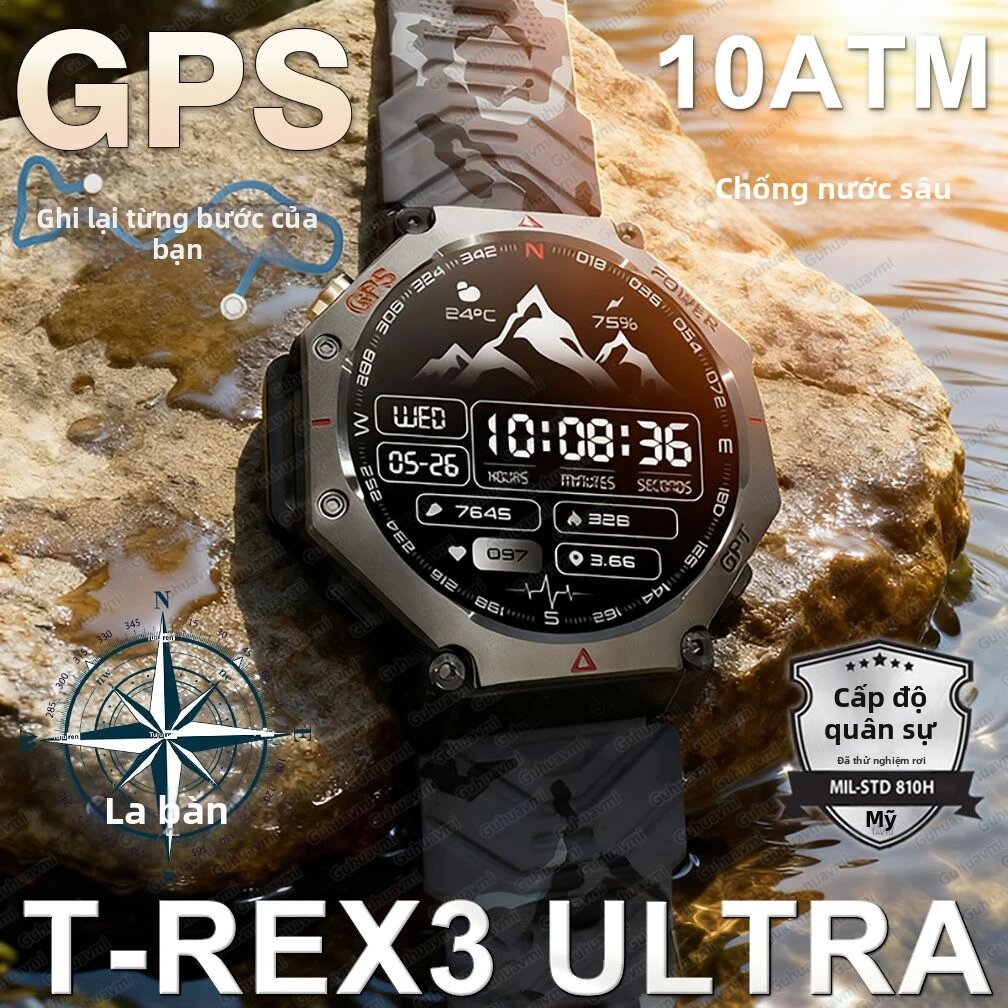 GUHUAVMI | Đồng Hồ Thông Minh GPS T-Rex 3 Ultra Cấp Quân Sự, Chống Nước 10ATM, Tích Hợp La Bàn, Máy Đo Độ Cao, Màn Hình AMOLED, Gọi HD, Theo Dõi Thể Thao Dành Cho Nam Giới