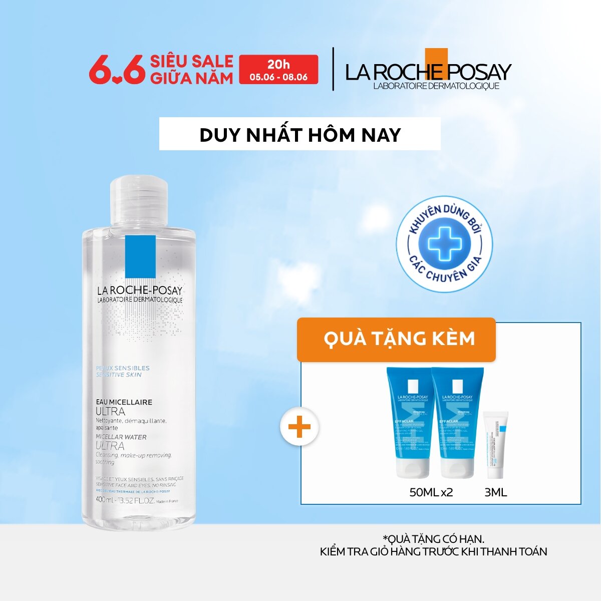 Nước làm sạch sâu và tẩy trang cho da nhạy cảm La Roche-Posay Micellar Water Ultra Sensitive Skin 400ml