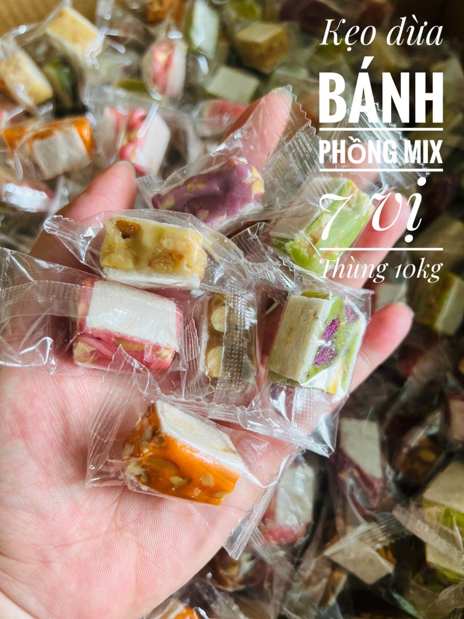 Kẹo dừa vuông bánh phồng mix 7 vị 500g