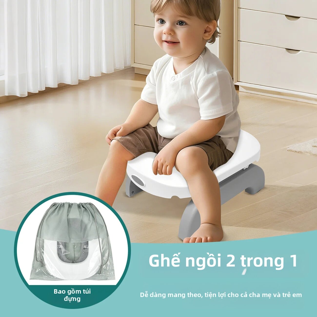 Bô Vệ Sinh Di Động Gấp Gọn Cho Trẻ Nhỏ 2 Trong 1 Kèm Túi Đựng Chất Liệu ABS Dùng Được Cho Bé Từ 0-6 Tháng Đến 4-6 Tuổi Unisex