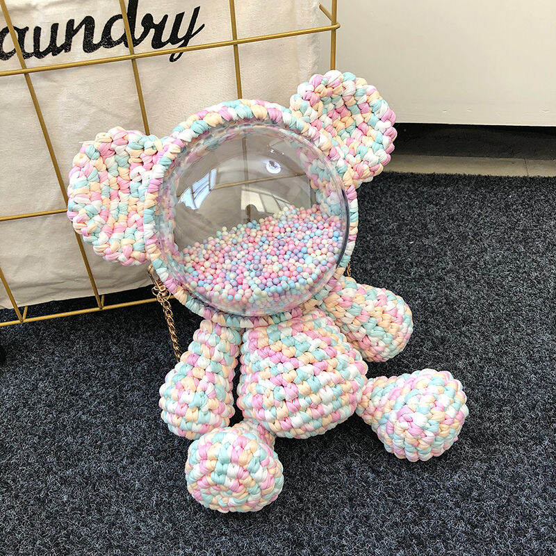 Túi Đan Tết Thủ Công Túi Vật Liệu Sợi Len Túi Vật Liệu DIY Ba Lô Chụp Không Gian Trong Suốt Hai Vai Tự Chế Gấu Bạo Lực Gấu Nhỏ Thành Phẩm