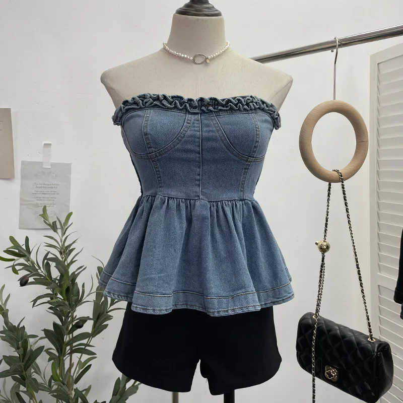 Nữ Dây Denim Áo Crop Top Giảm Béo Áo Khoác Ngoài Thân Gỗ Tai Edge Eo Trang Bị Thời Trang Yếm