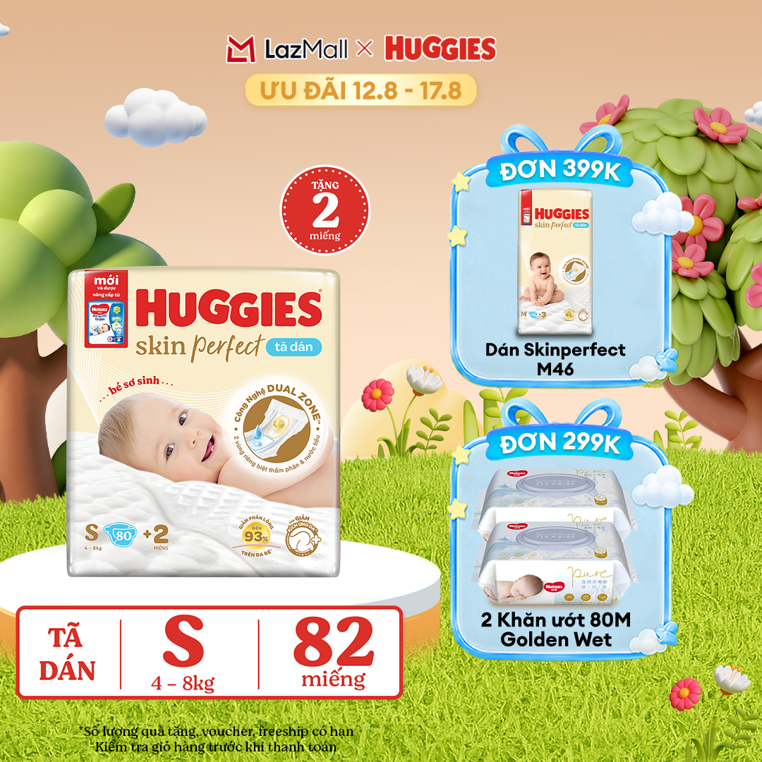 [12-17.08 QUÀ TẶNG ĐƠN 0Đ]  Tã/Bỉm dán sơ sinh Huggies Skin Perfect S80 - 80+2 miếng