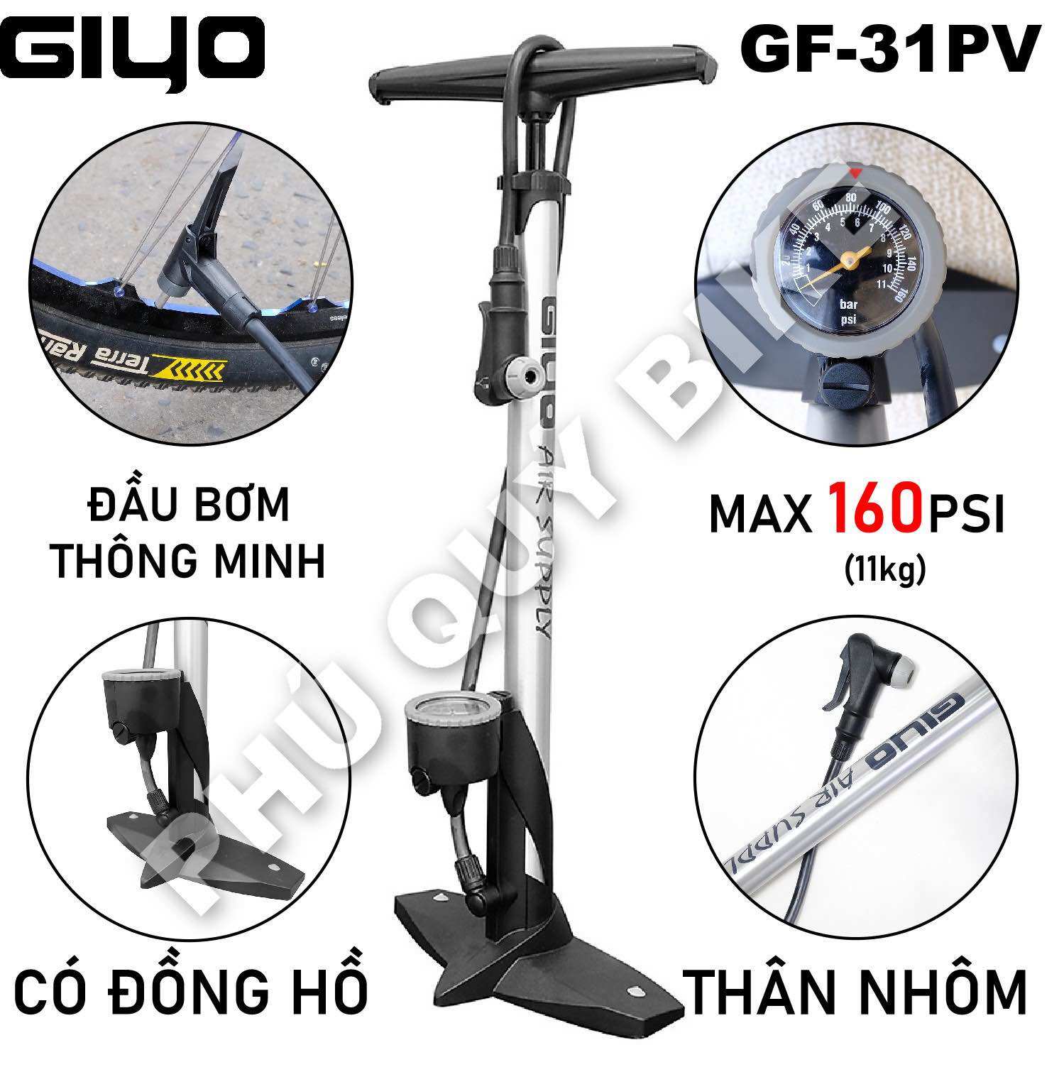 Bơm xe đạp/xe máy 160psi giyo gf-31pv van thông minh