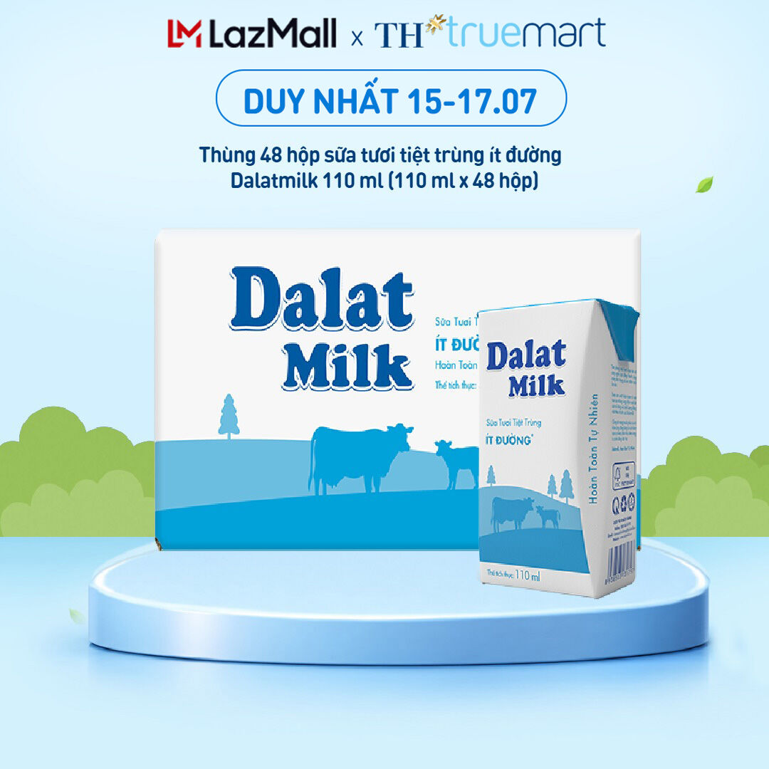 Thùng 48 hộp sữa tươi tiệt trùng Dalatmilk ít đường 110 ml (110 ml x 48)