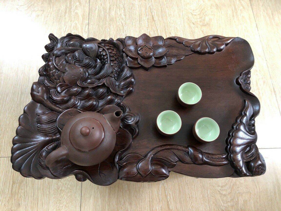 Khay trà sen cá gỗ gụ 50x30cm