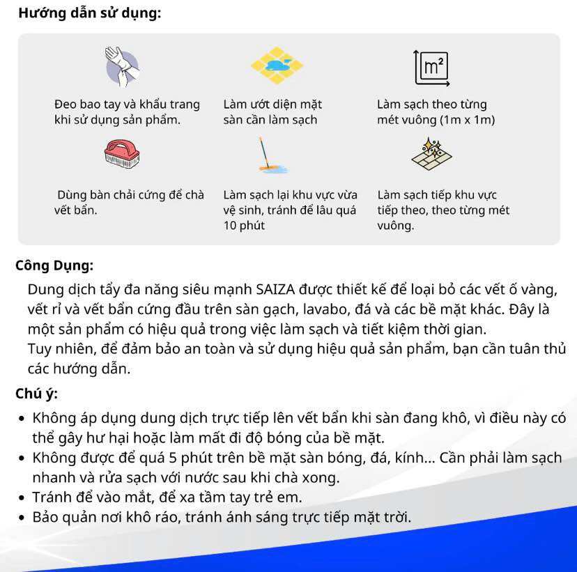 [COMBO 2 CHAI] DUNG DỊCH TẨY ĐA NĂNG SAIZA 1000ML
