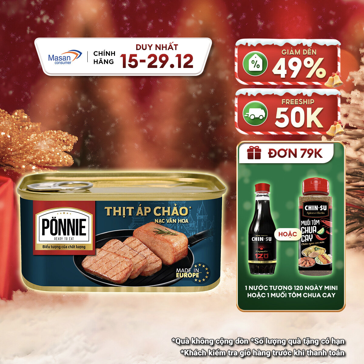   15.12-29.12 Voucher 18% CHO ĐƠN TỪ 199K  Chọn Loại  Thịt Áp Chảo Ponnie 
