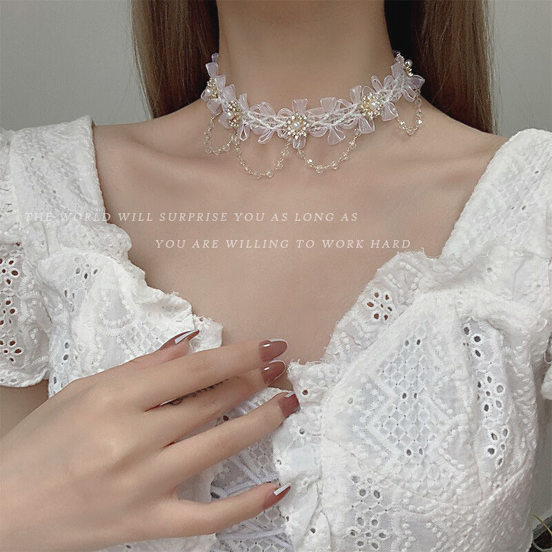 Choker Dây Chuyền Xương Quai Xanh Màu Trắng Kiểu Tiên Nữ Ngọc Trai Nữ Ren