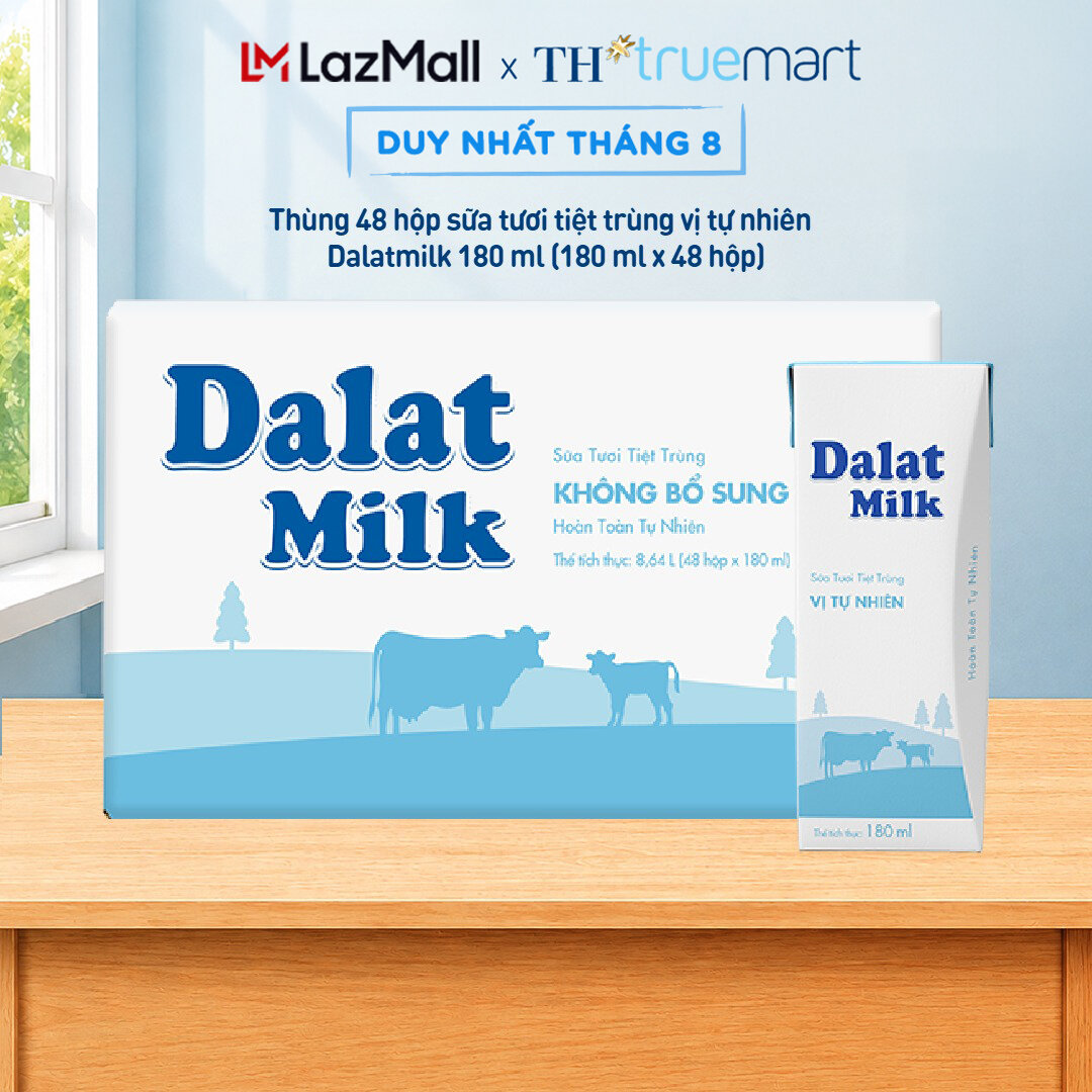 Thùng 48 hộp sữa tươi tiệt trùng Dalatmilk vị tự nhiên 180 ml (180 ml x 48)