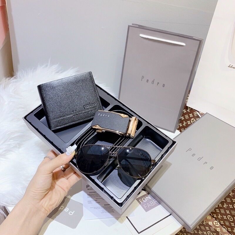 [Fullbox + Túi giấy] Combo pedro ví + thắt lưng + mắt kính nam,