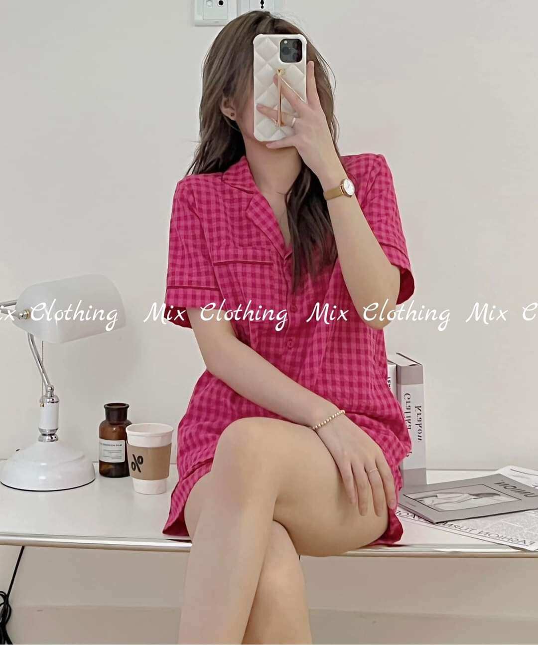 Sét bộ đùi pyjama kẻ xốp cổ vét