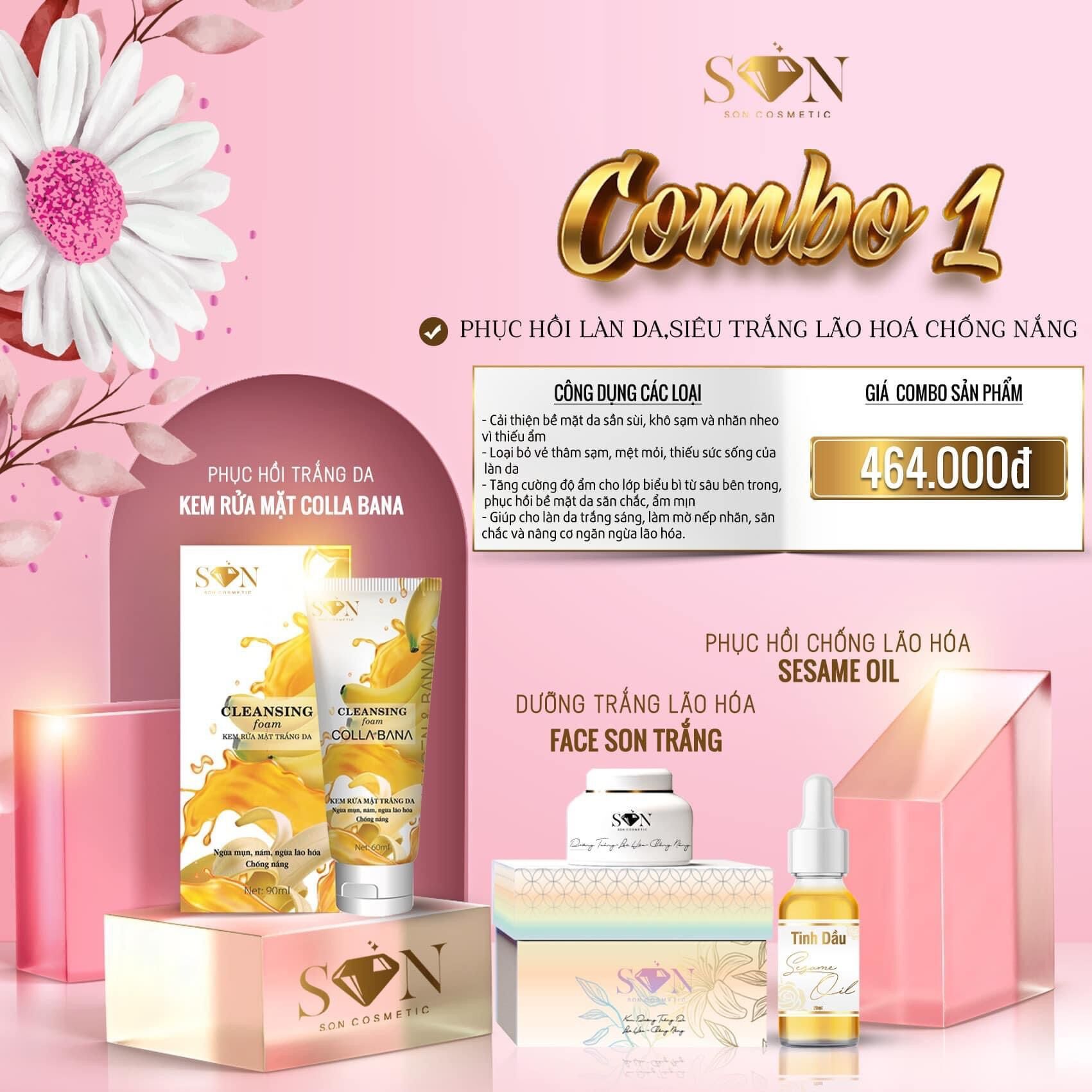 Combo 3sp kem face son trắng + tinh dầu mè son + kem rửa mặt trắng da chuối bana