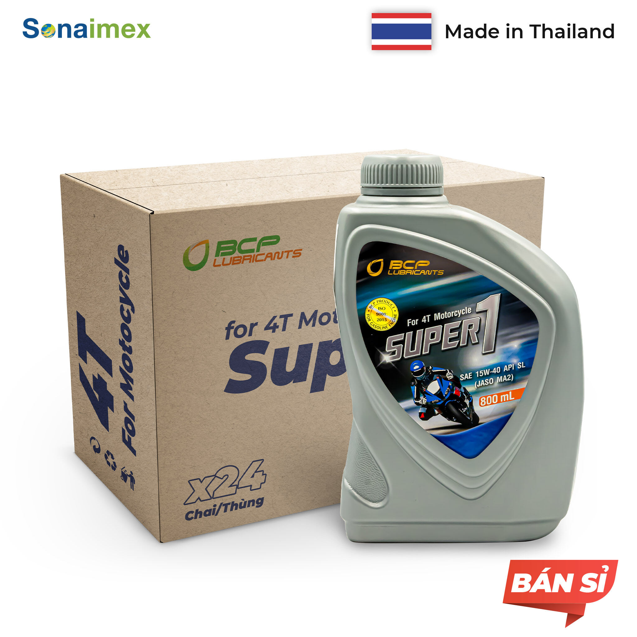 Thùng 24 chai nhớt xe máy nhập khẩu thái lan cho xe số bcp super 1 sae 15w40, api sl, jaso ma2 , dung tích 800ml
