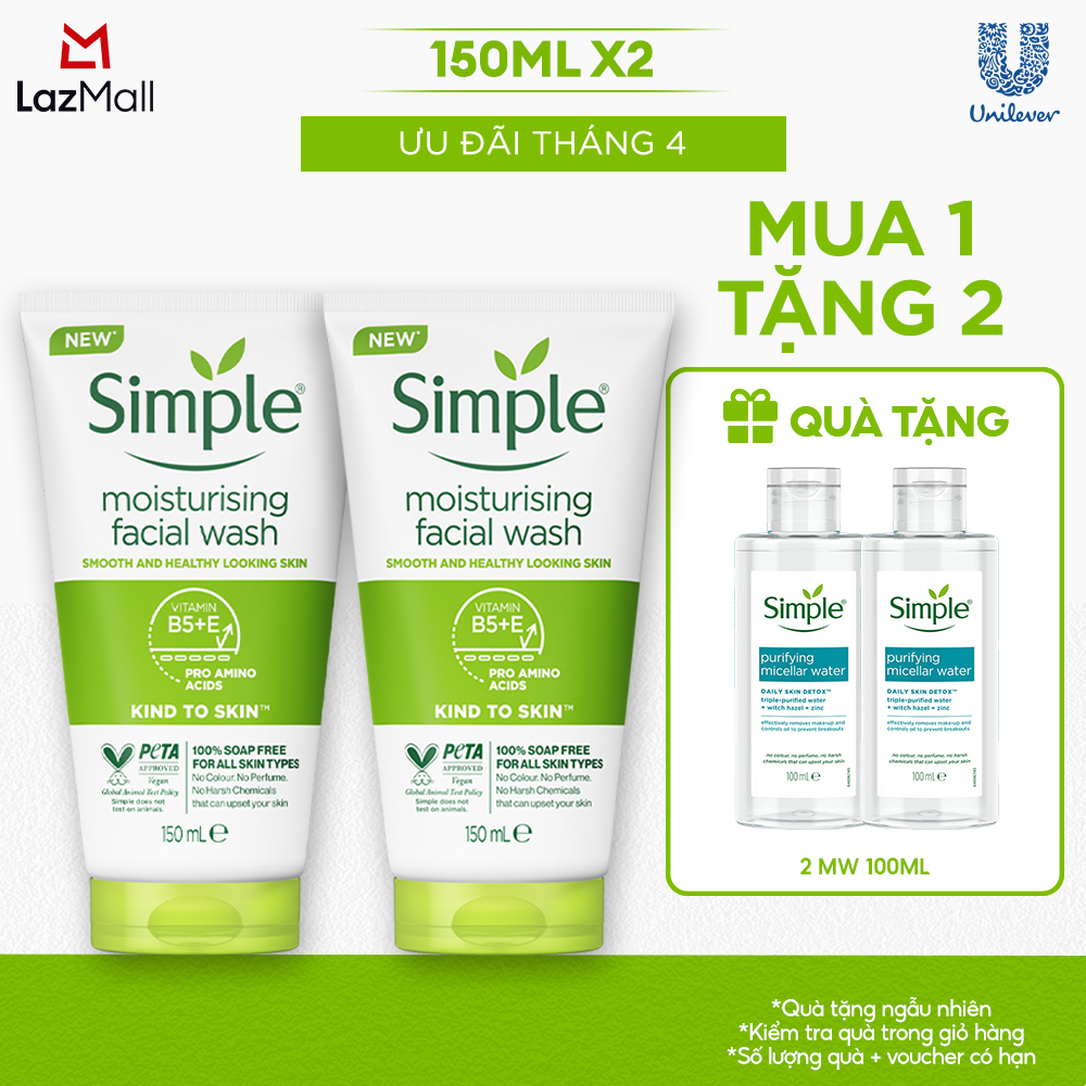 Combo 2 Sữa rửa mặt Simple sạch sâu hiệu quả - cho da thường 150ml [CHÍNH HÃNG ĐỘC QUYỀN] [DIỆN MẠO MỚI]