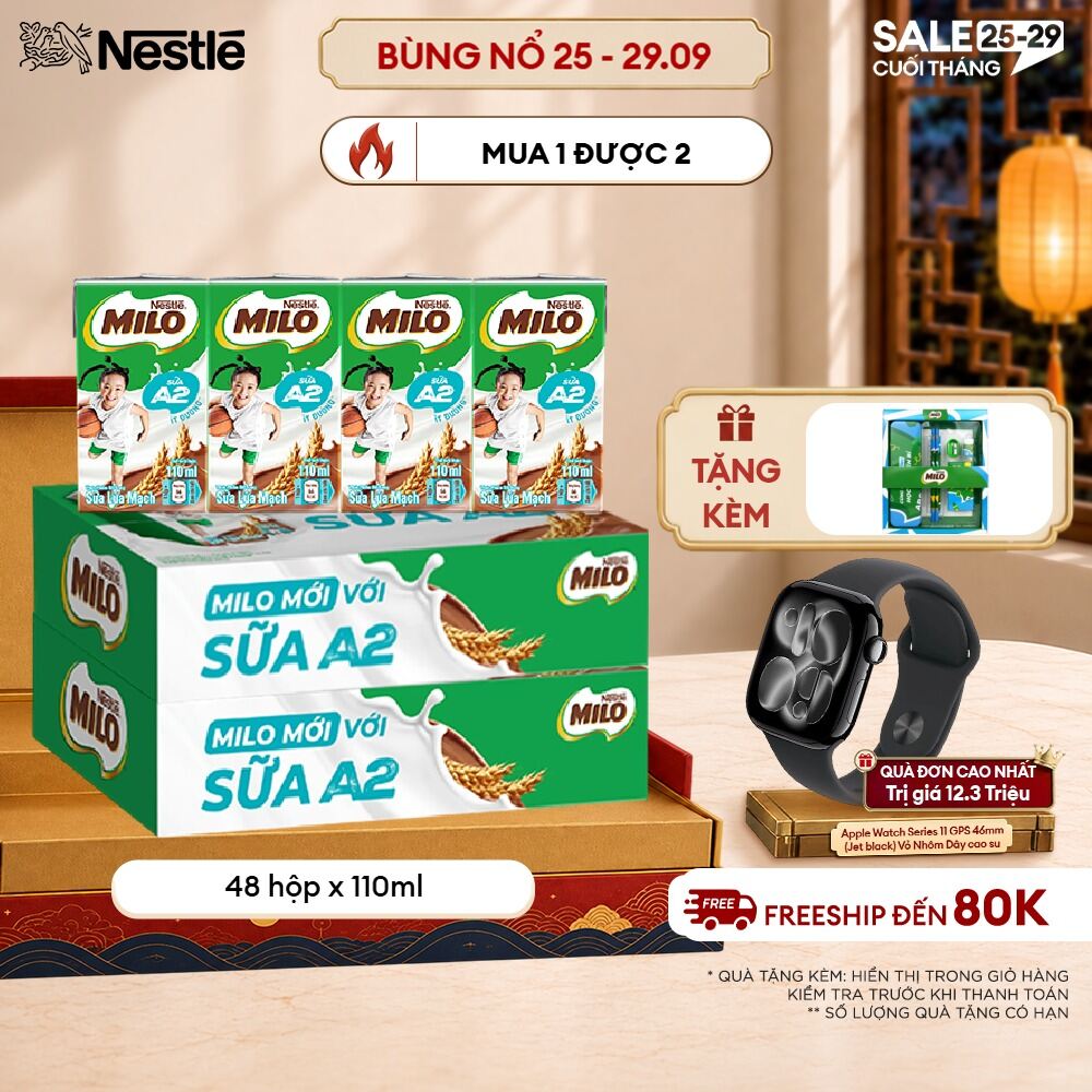 Combo 2 Thùng  Sữa Lúa Mạch Nestle MILO A2 MỚI 48 hộp (4x110ml)