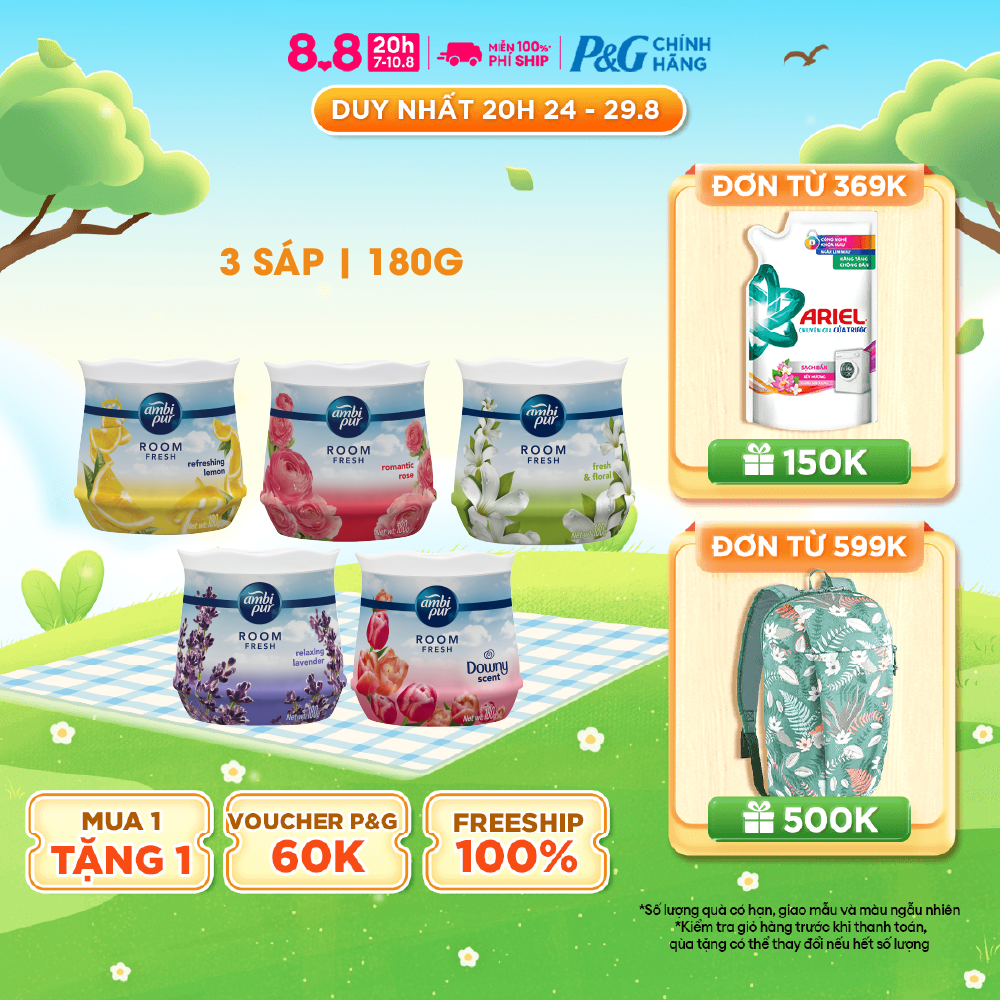 Combo 3 sáp thơm ambi pur 180g x3 nhiều mùi hương chanh/ hoa hồng/ sả/ hoa tươi mát/ downy/ hoa oải hương/ thư giãn