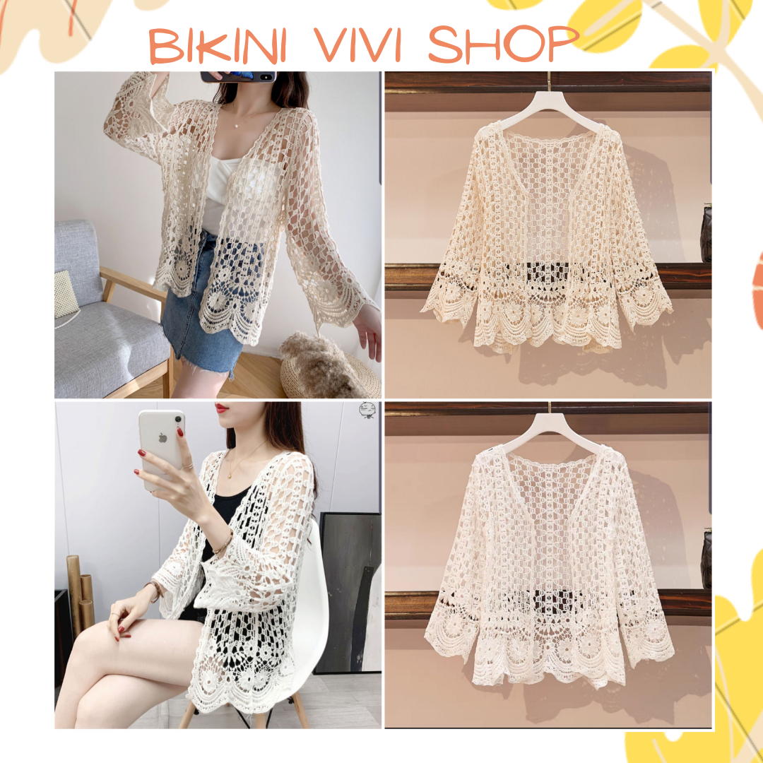 Áo choàng đi biển, áo khoác ren Quảng Châu 2 màu trắng, kem Vivi Shop [Hàng sẵn có]