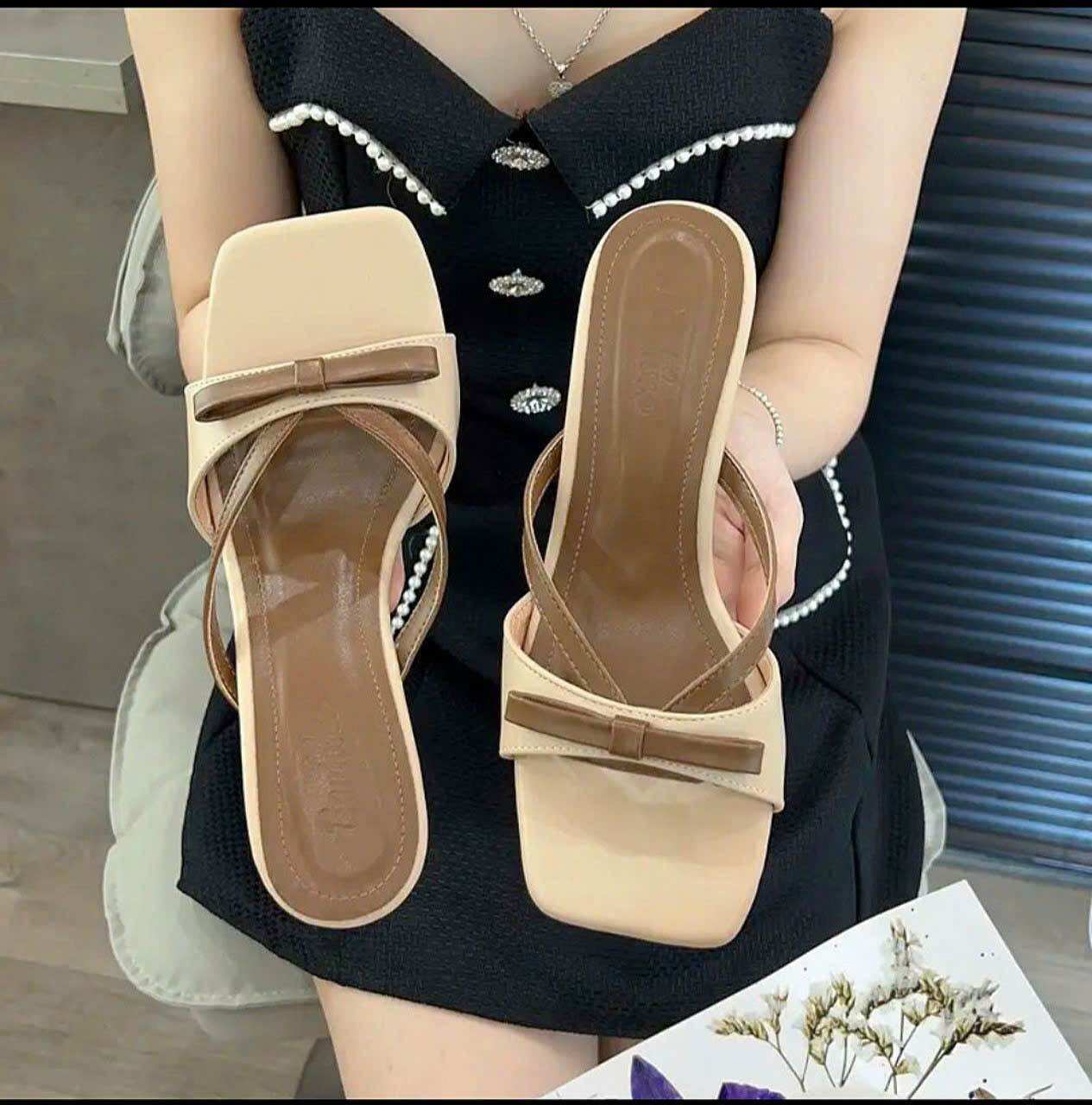 Dép nữ gót vuông đính nơ tiểu thư dễ thương