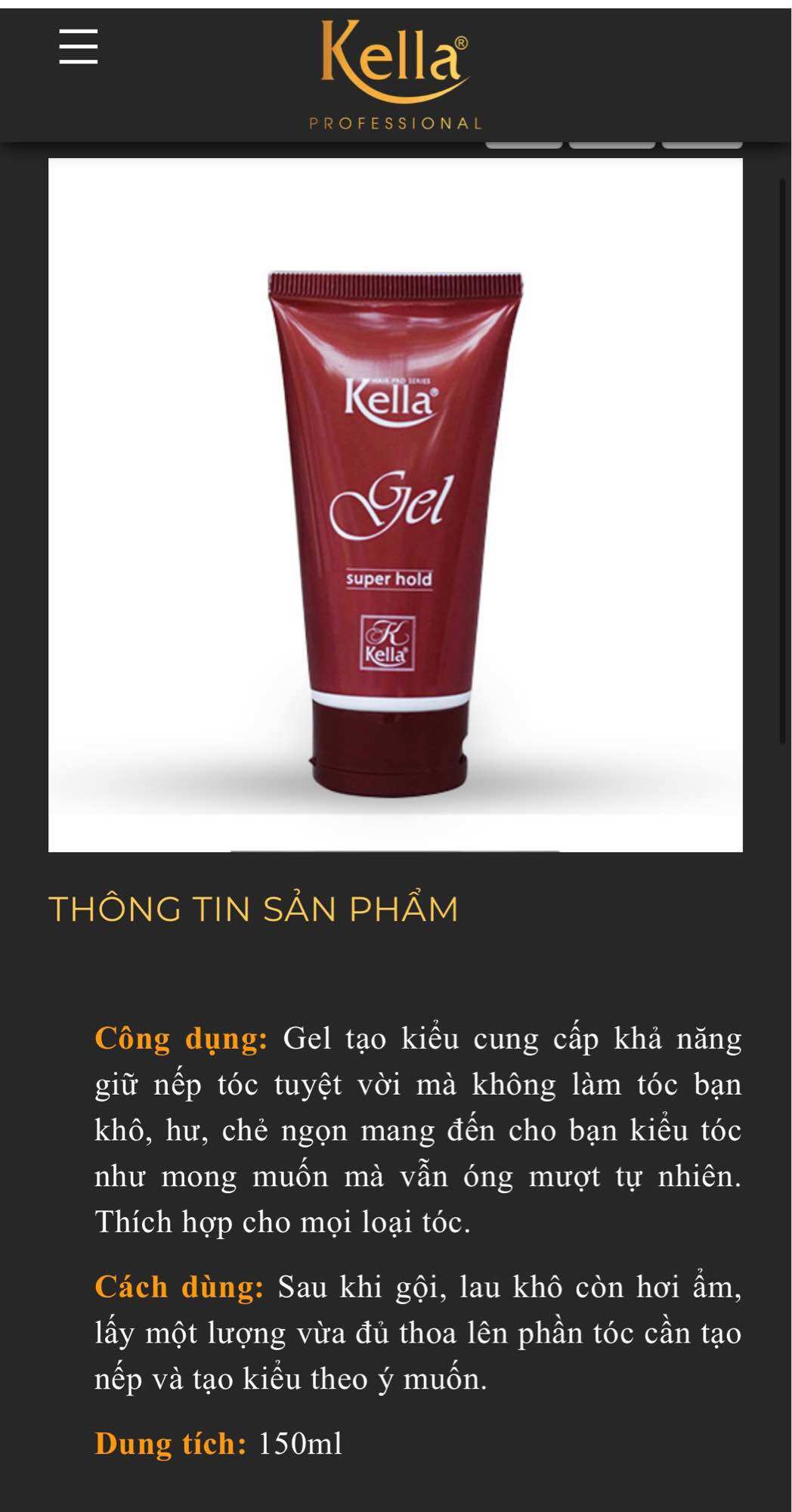 GEL TẠO KIỂU TÓC KELLA 150ml. (Sỉ từ 10)