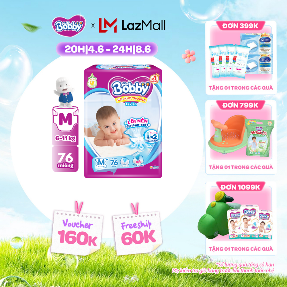 [QUÀ TẶNG HẤP DẪN TỪ 9-10.6]Tã dán Bobby Lõi nén thần kì 3mm Siêu khô thoáng M76 - 76 miếng