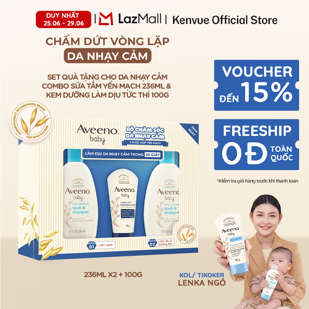 Bộ Dự Sinh Aveeno Baby - Sữa Tắm Yến Mạch 236ml x2, Kem Dưỡng Ẩm Tức Thì 100g