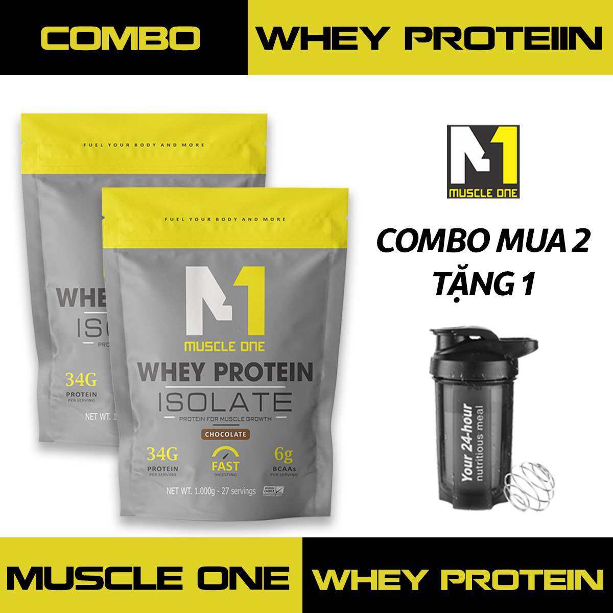 (COMBO 2túi + Tặng Bình) Sữa Tăng Cơ Whey Isolate Muscle One Túi 1kg - Tăng cơ Hấp Thụ Nhanh- Chính Hãng (FreeShip)