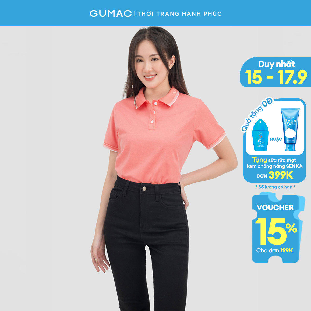 Áo polo nữ GUMAC ATC06065, Áo thun nữ có cổ chất liệu cotton cao cấp phối viền cổ