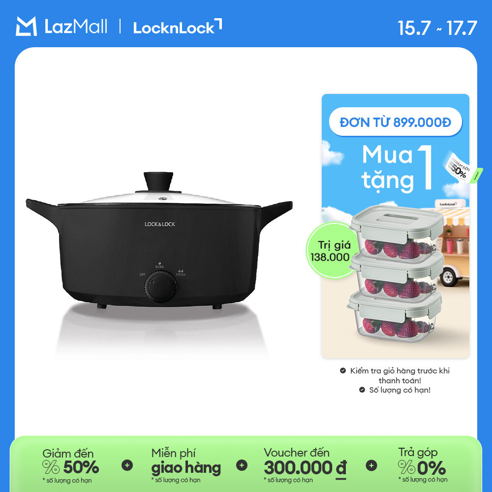 Nồi lẩu điện đa năng LockLock Versatile Hot Pot 4L Màu đen EJP546BLK chống dính, Dung tích lớn, kèm nắp thủy tinh