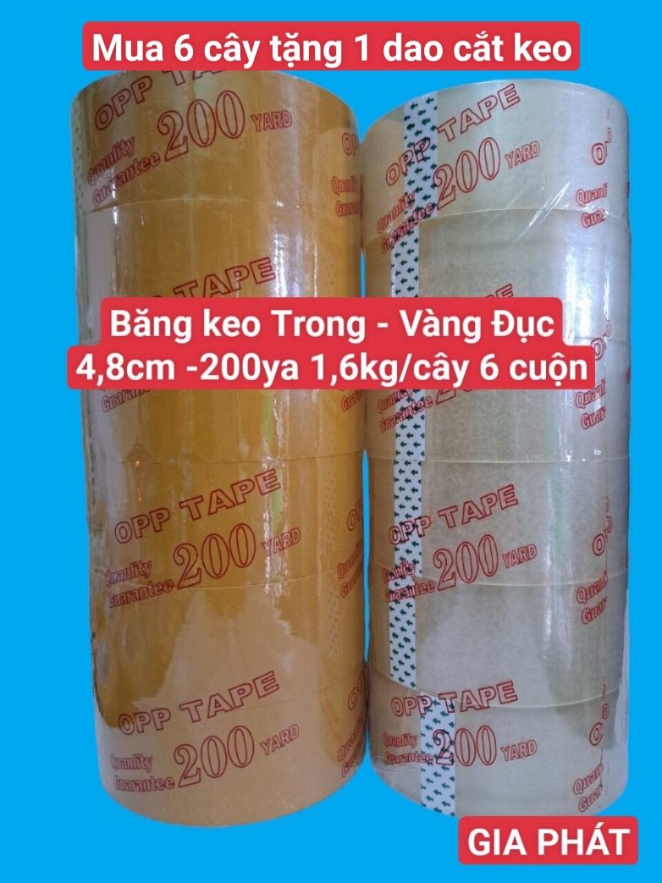 Băng keo trong, vàng đục 4,8cm-1.6kg/cây 6 cuộn