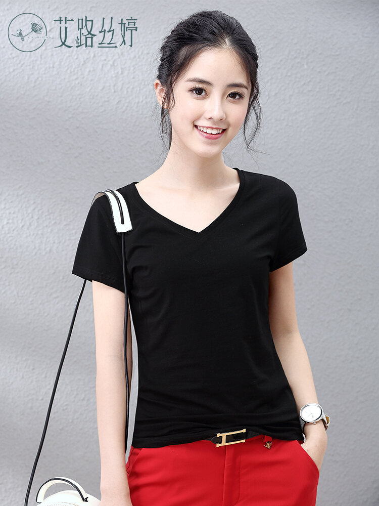 Áo Thun Cổ Chữ V Tay Ngắn Mùa Hè Màu Trơn Ôm Vừa Vặn Eilutings Dành Cho Nữ Áo Thun Cotton Thường Ngà
