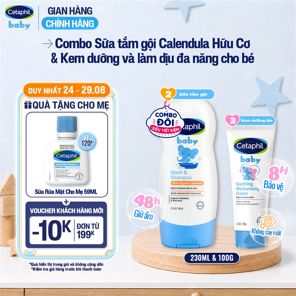 Combo 2 bước Sữa tắm gội với Calendula hoa cúc hữu cơ 230ml + Kem dưỡng ẩm làm dịu đa năng Cetaphil Baby 100Gr