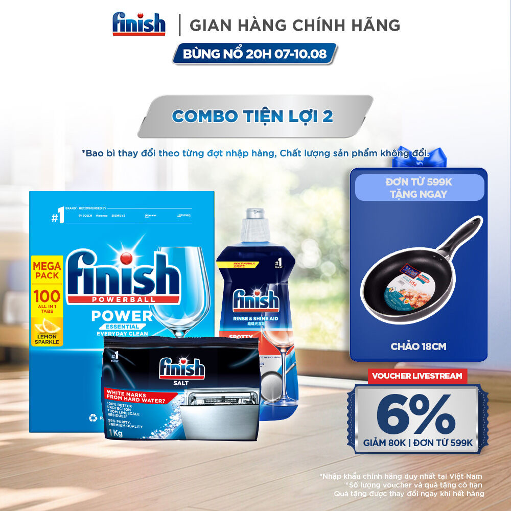 Combo Finish tiện lợi 2: Hộp 100 Viên Rửa Bát Finish Essential + Nước Làm Bóng 500ml + Muối Rửa Chén