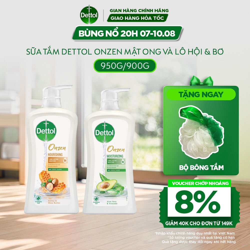 Combo 2 Chai Sữa Tắm Dettol Onzen Mật Ong Kháng Khuẩn Dưỡng Thể (950g) và Dưỡng Ẩm Lô Hội  Bơ (900g)