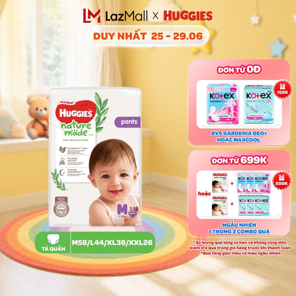 Tã/Bỉm quần Huggies NatureMade Platinum M58/ L44/ XL38/ XXL26/ XXXL28