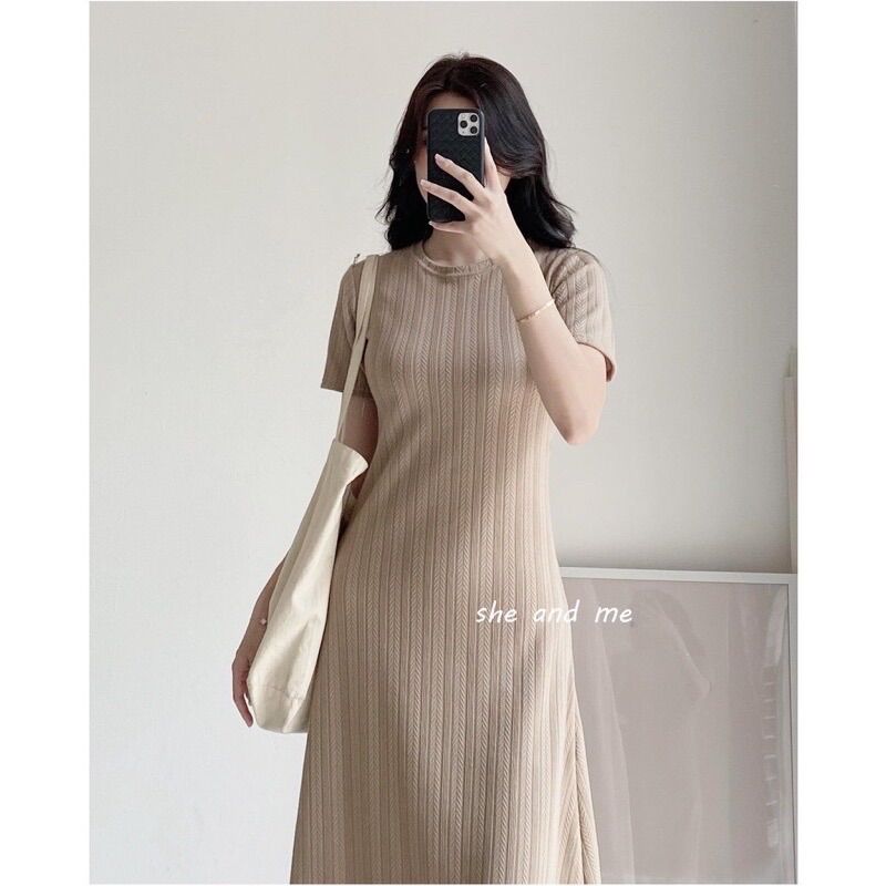 Váy thun gân cổ tròn dáng dài xoè basic - Váy thun gân basic PeaStore (Ảnh thật)