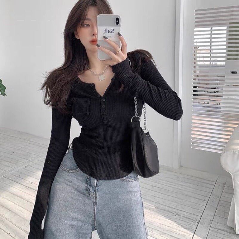 [[NB290]] ÁO KIỂU THUN GÂN PHỐI NÚT BOONG STORE