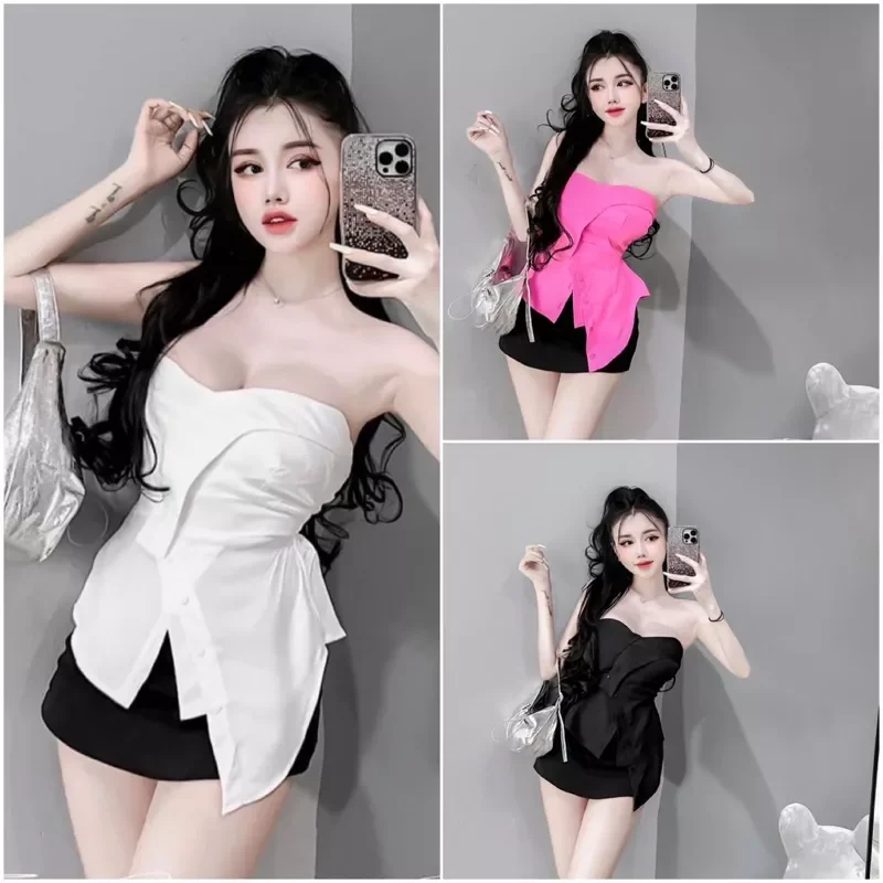 ÁO CROPTOP LỆCH TÀ CÚP NGỰC PHỐI NÚT SIÊU XỊN A900