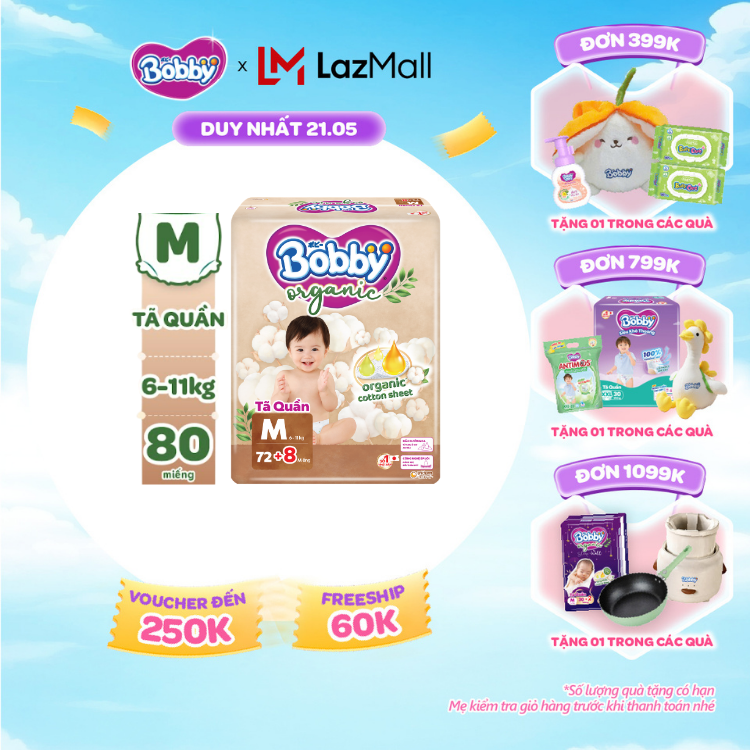 [SALE CUỐI THÁNG tặng QUÀ TO-SLCH][MỚI RA MẮT] [TẶNG KÈM 8 MIẾNG] Tã quần cao cấp Bobby Organic chăm sóc dịu nhẹ từ thiên nhiên M72