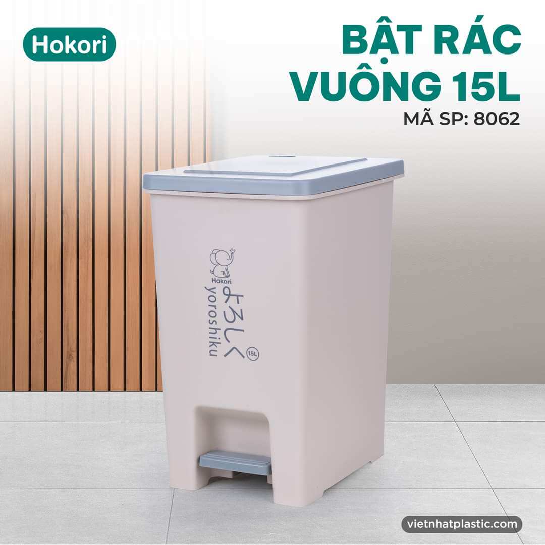 Thùng rác vuông 15l Hokori nhựa Việt Nhật cao cấp