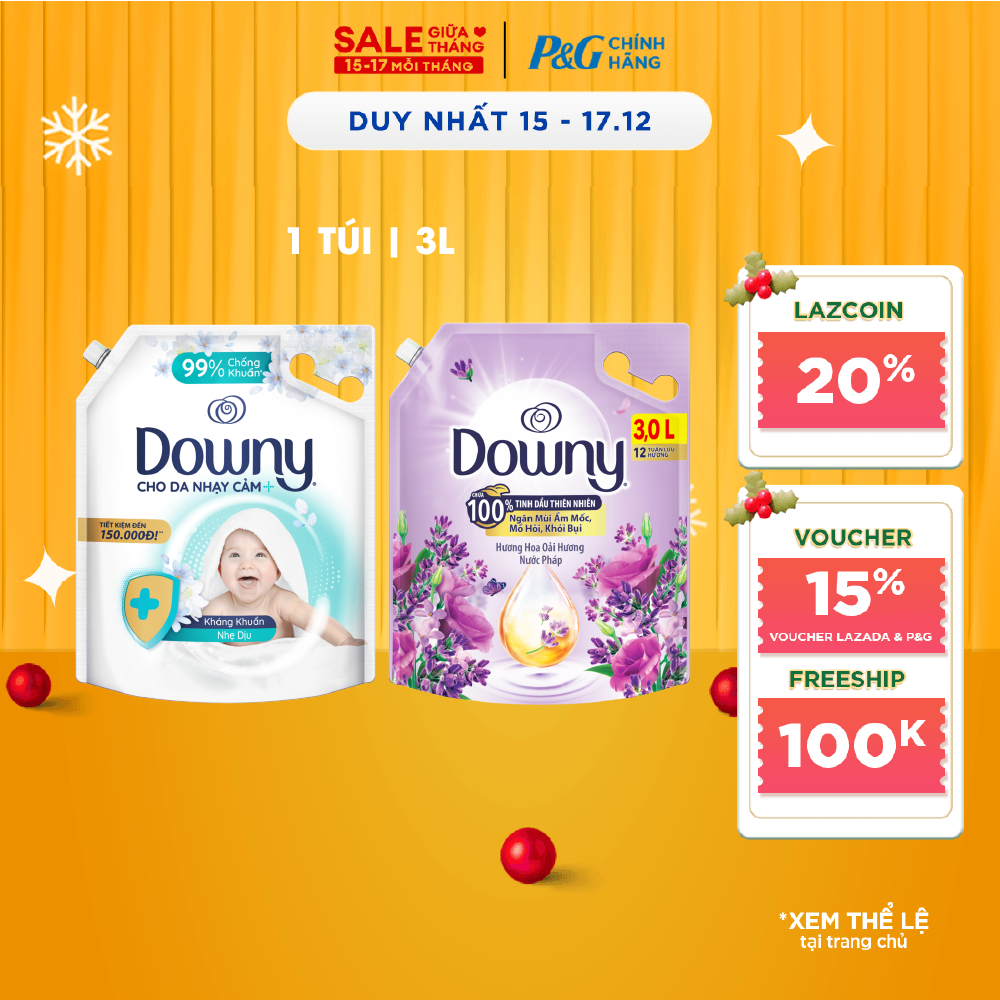 Nước Xả Vải DOWNY Hương Nước Hoa Cao Cấp Bung Toả Hạnh Phúc Oải Hương Dịu Nhẹ Kháng Khuẩn Túi 3L