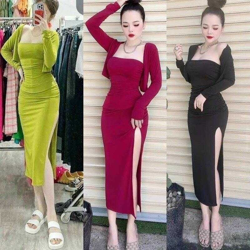 SET ĐẦM SẺ DÀI KÈM KHOÁC CROPTOP DBD77