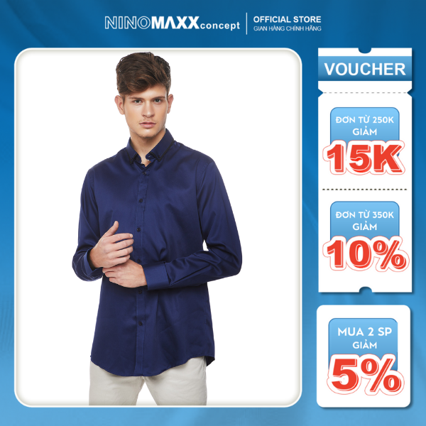 N&m áo sơ mi nam dài tay cổ bẻ màu xanh tím than 100% cotton 1902026