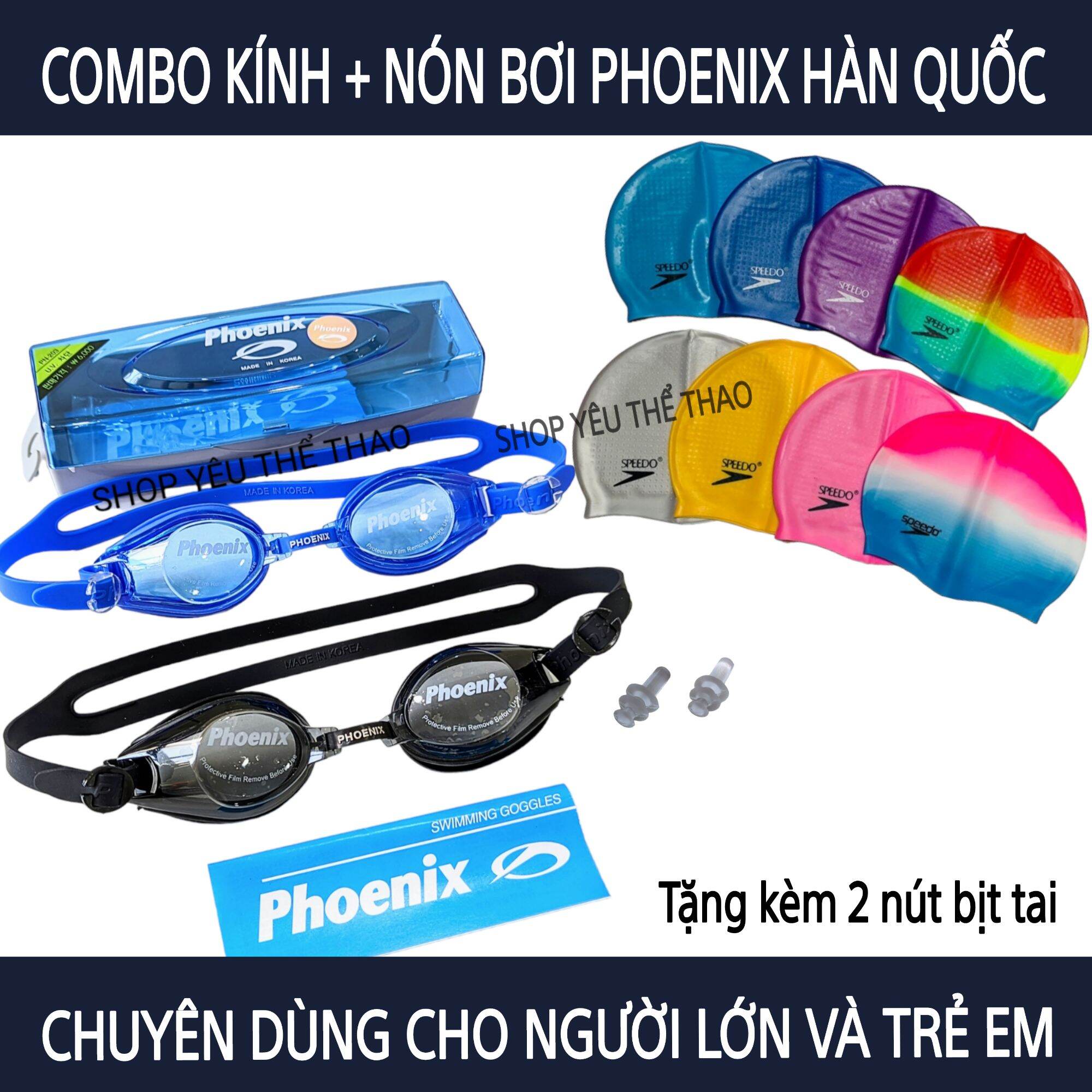 Combo kính bơi + nón bơi mũ bơi phoenix chính hãng cho trẻ em và người lớn chống nước chống uv bảo vệ mắt