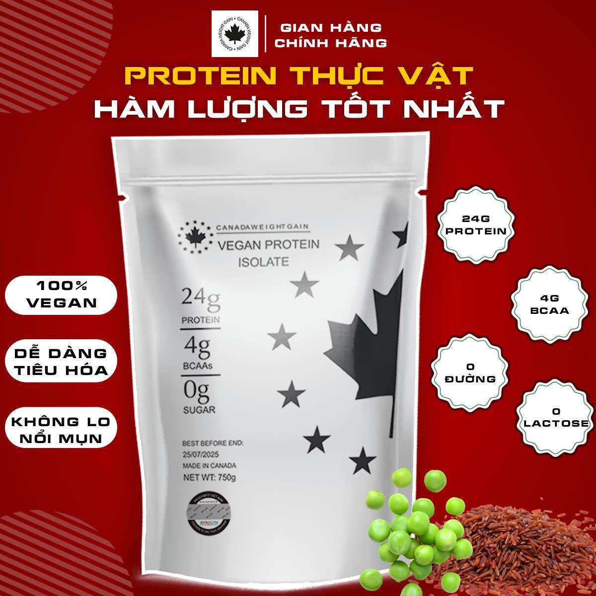 Sữa Tăng Cơ Vegan Protein Isolate 750 gram-Không Đậu Nành-Hàng Chính Hãng