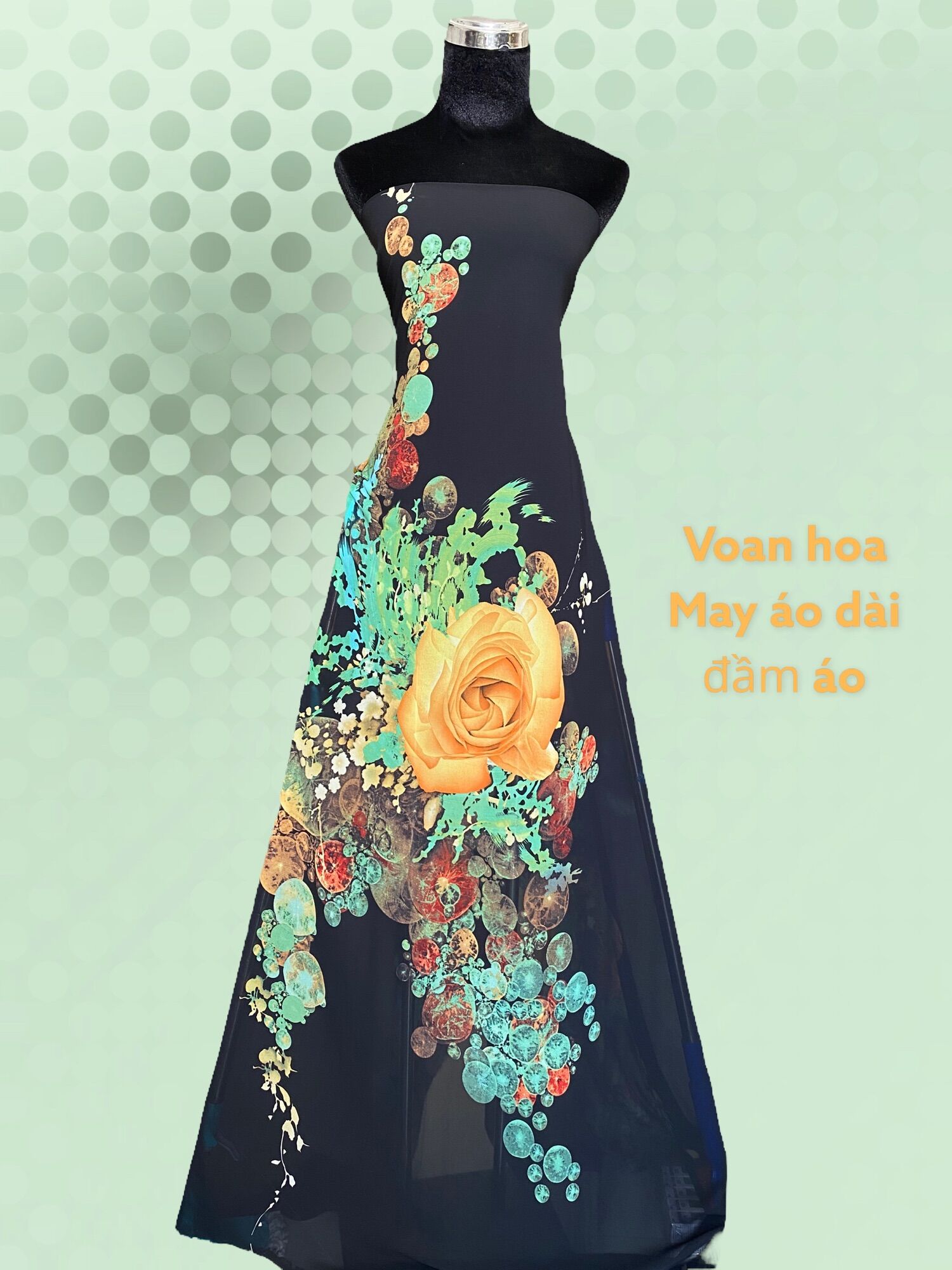Vải voan chiffon chân 2 đầu hoa hồng nền đen