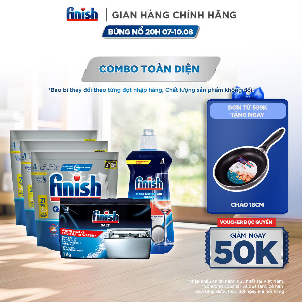 Combo Finish nâng cao: Bộ 3 túi viên rửa chén Quantum 21 viên + Nước làm bóng 500ml + Muối rửa chén bát 1kg