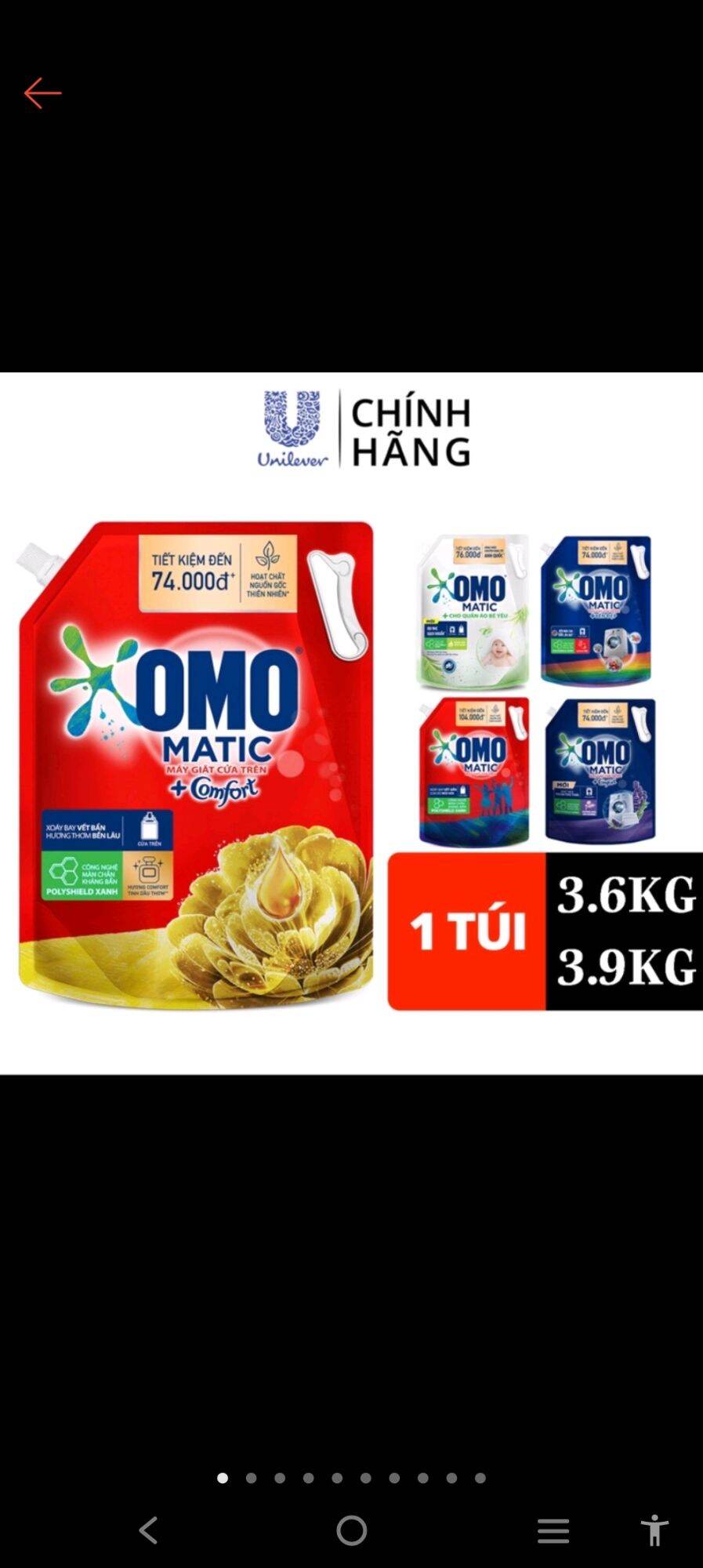 Nước giặt omo matic 3.6kg, 3.9k túi