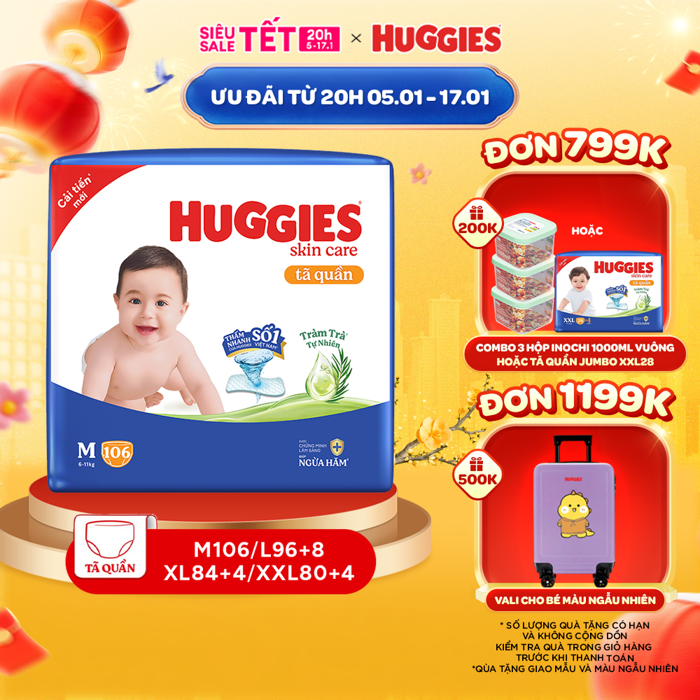 [Tặng miếng tã] Tã quần Huggies Skincare Mega Jumbo M106/L96+8/XL84+4/XXL76+4 với tràm trà dịu da