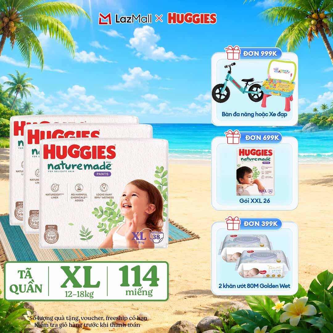 [CHỈ 9-10.6 QUÀ TẶNG ĐƠN 399K](Mua 1 tặng 1) Combo 3 Tã/Bỉm quần HUGGIES PLATINUM NatureMade XL38 (12-18kg)-Gói Jumbo 38 miếng